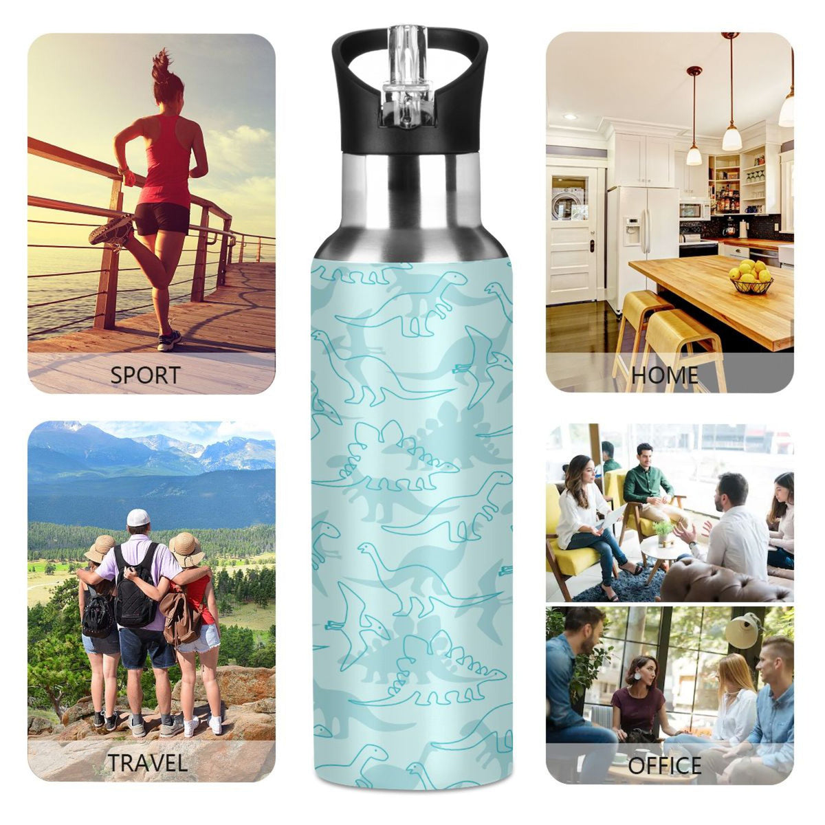 Dinosaur Green Pattern Stainless Steel Insulated Water Bottle with Straw Lid Y9263