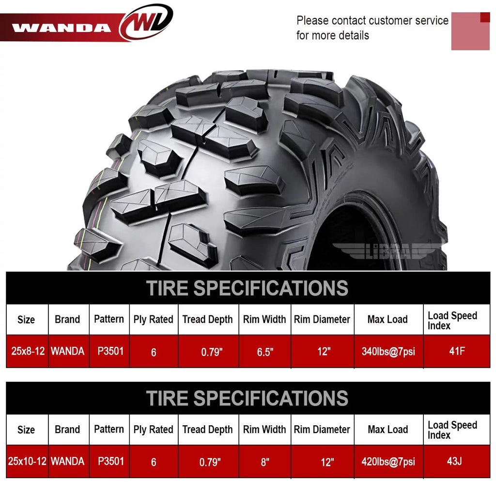 25x8-12 Front & 25x10-12 Rear 6PR ATV/UTV Tires Set 4 G5886