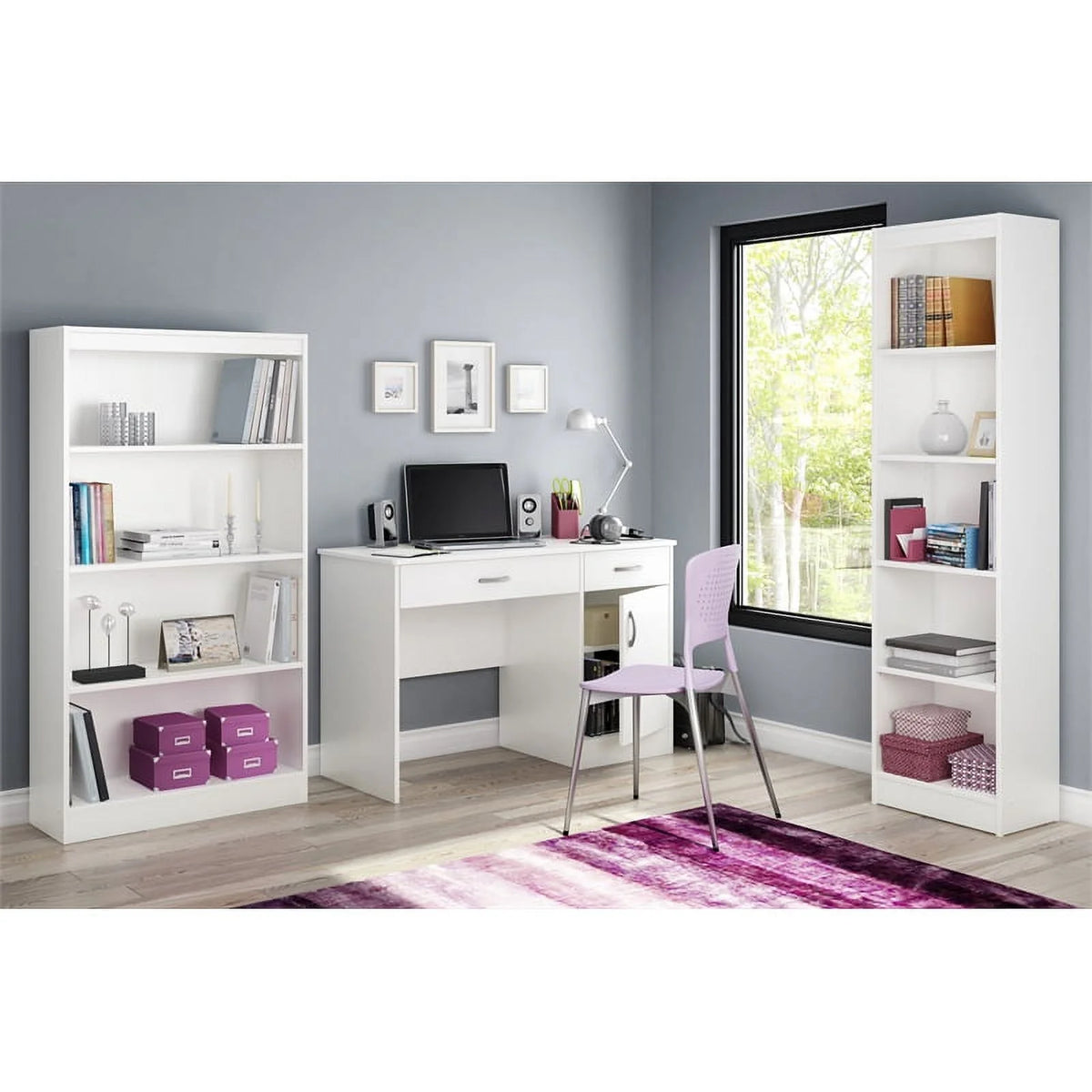 Small Desk with Drawers and 3-Shelf Bookcase Set in Pure White C3342