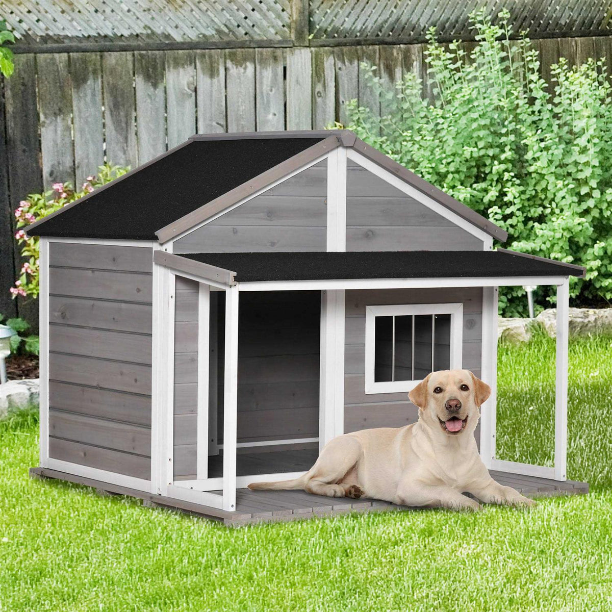 Wooden Raised Dog House with Asphalt Roof W9696