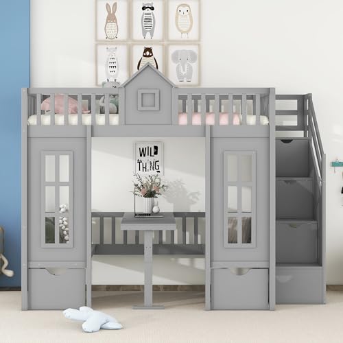 White Wooden Bunk Beds with Stairs and 2 Storage Drawers J312251