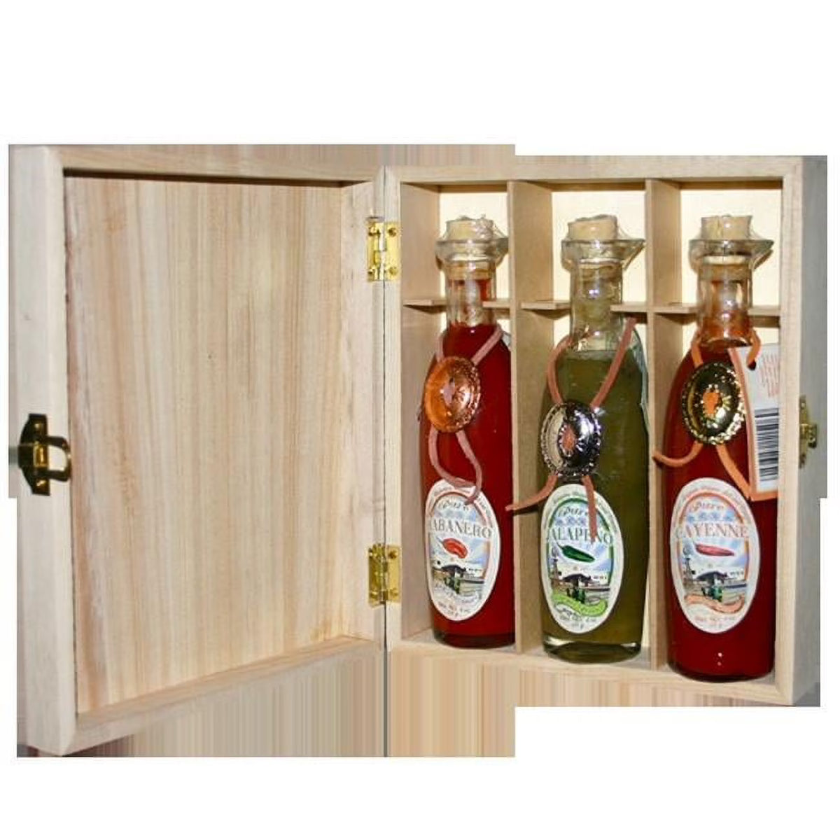 Hot Sauce Gift Set Wood Box 3 Glass Bottles Habanero, Jalapeno, Ghost Pepper B450