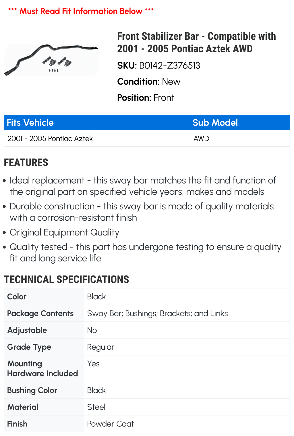 Front Stabilizer Bar for Pontiac Aztek AWD N2503