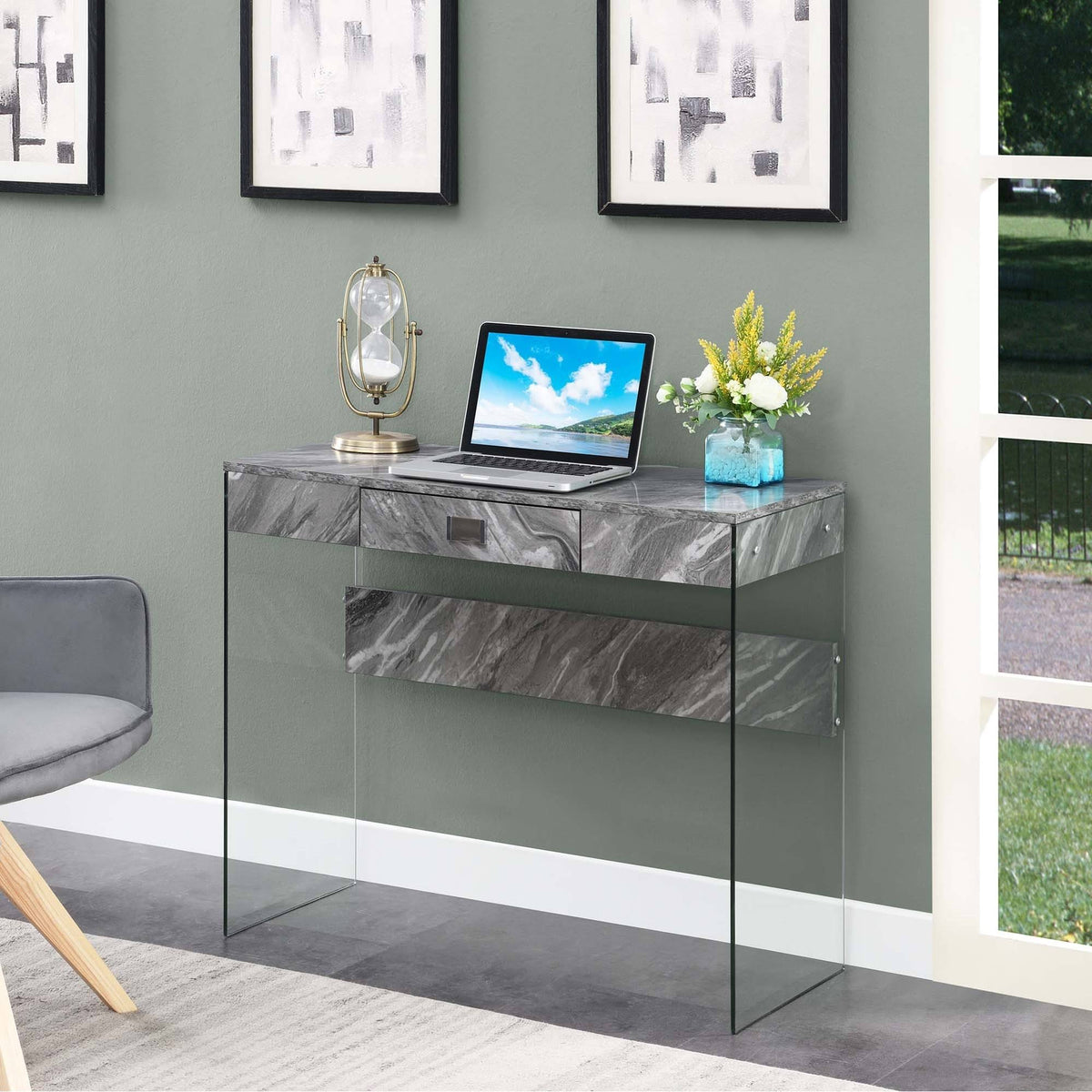 36 in. Glass Desk Gray Marble L2624