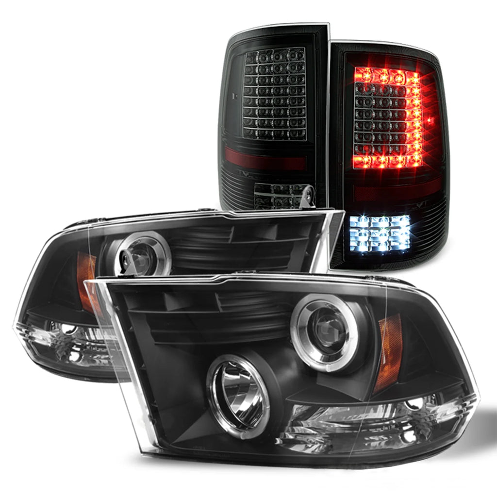 For 2009-2018 Dodge Ram Black Housing LED Projector Headlights + Smoke Lens Tail Lights P894014
