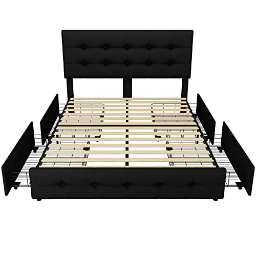 Black Queen Upholstered Platform Bed Frame with 4 Storage Drawers N13042