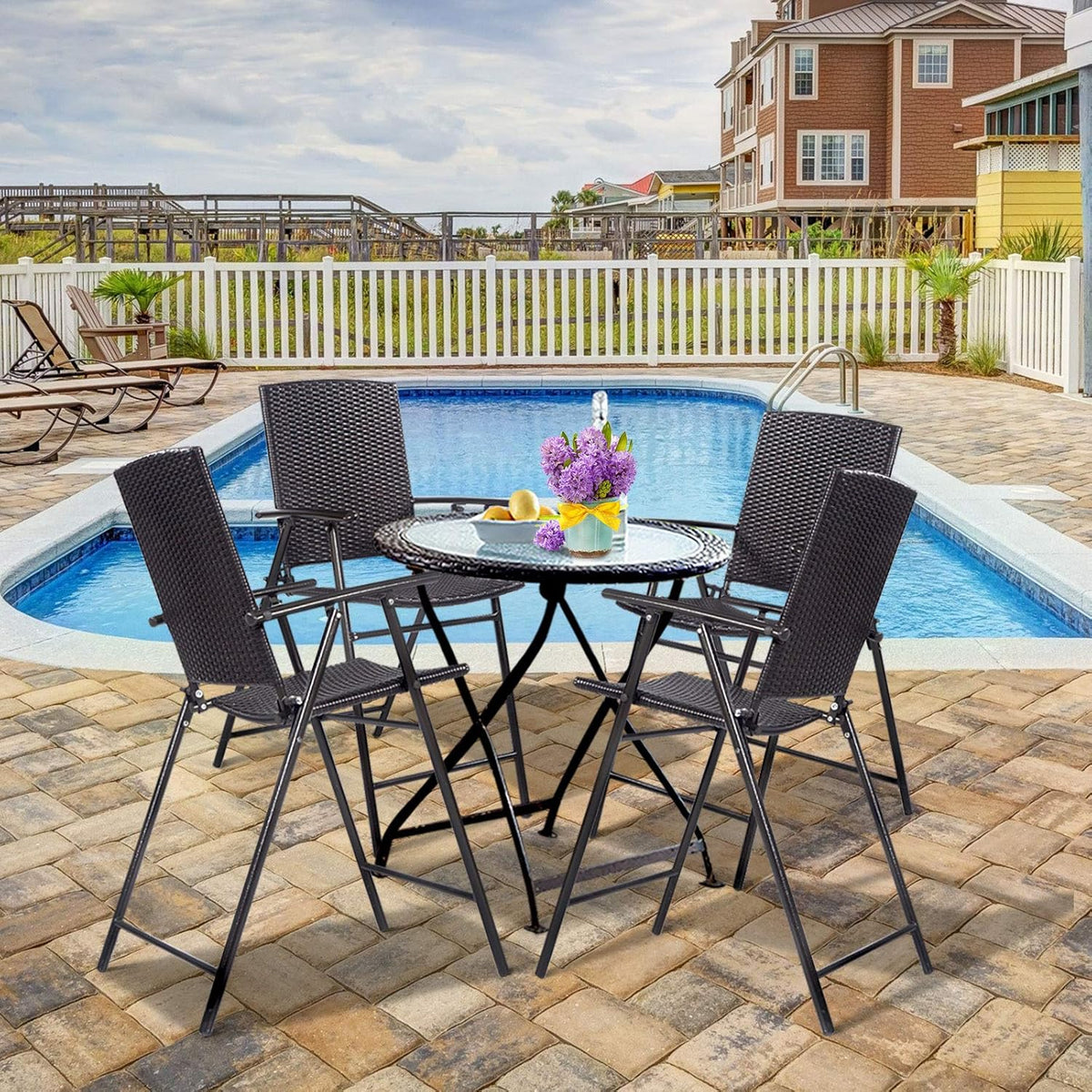 Set of 4 Folding Wicker Rattan Bar Stools with Back X739