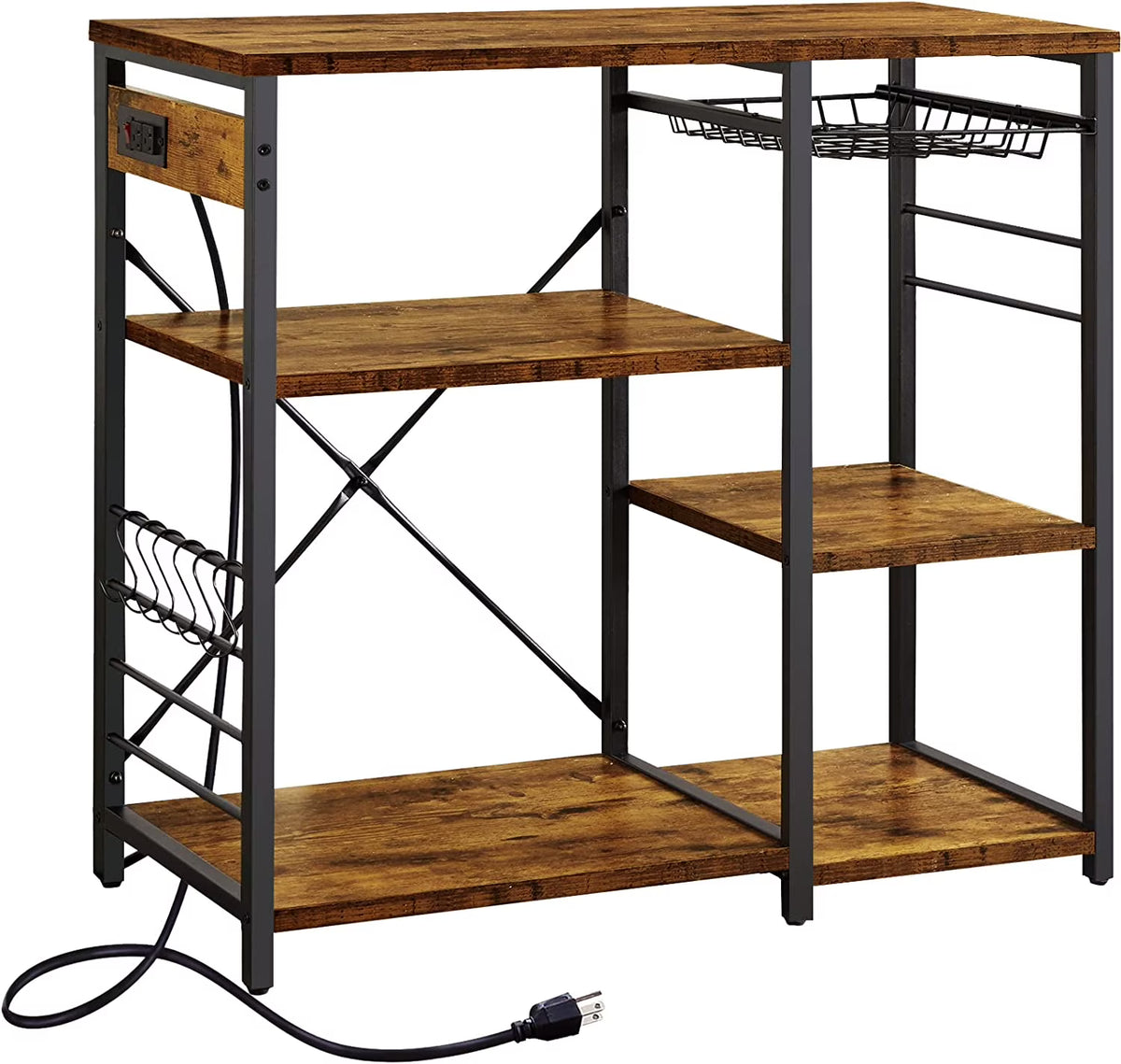 Rustic Brown Bakers Rack with Power Outlet Q47987