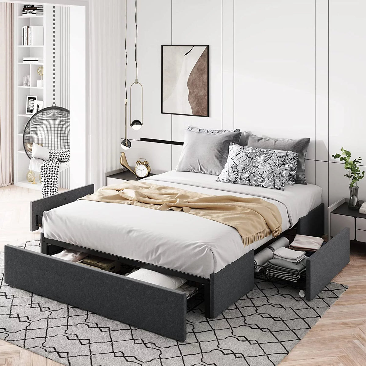 Queen Size Platform Bed Frame with 3 Storage Drawers L454