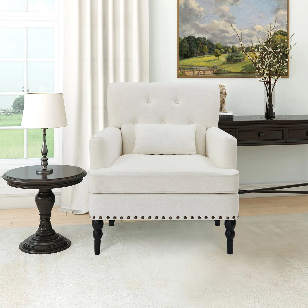 White Accent Chair with Lumbar Pillow Y57912