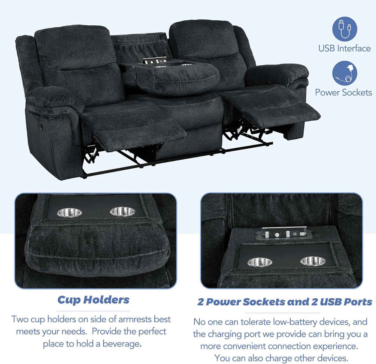 3-Piece Velvet Recliner Sofa Set with Cup Holders E429