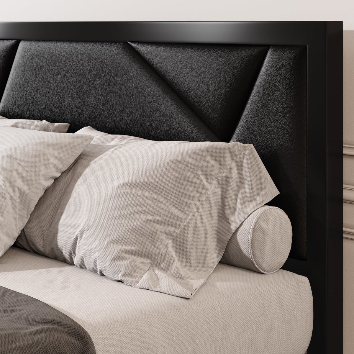 Black Queen Size Metal Platform Bed Frame with Leather Headboard S753525