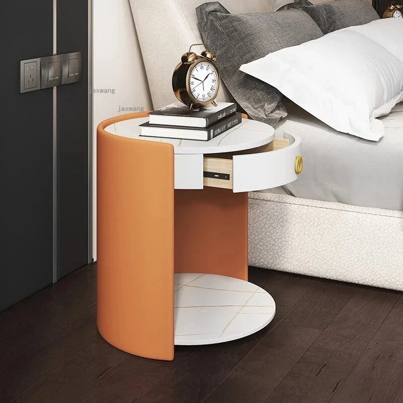 Round Leather Bedside Table Nightstand Q684