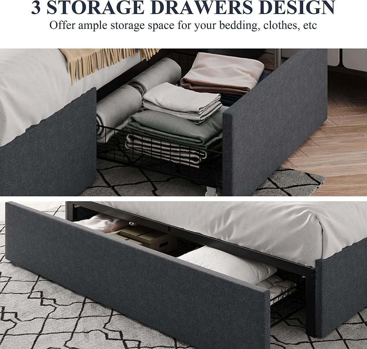 Queen Size Platform Bed Frame with 3 Storage Drawers L454