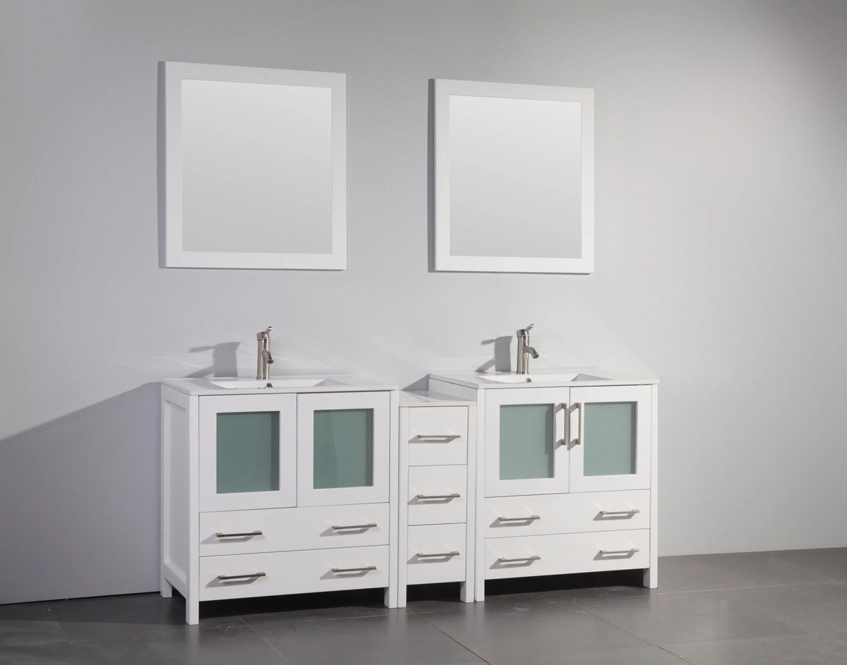 72 in. White Double Sink Ceramic Vanity Cabinet with Mirror Y7316