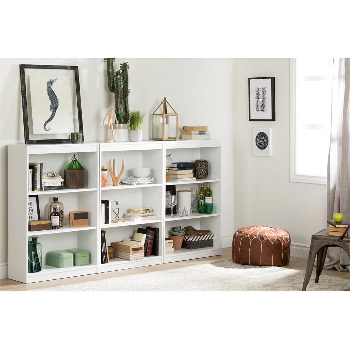 Small Desk with Drawers and 3-Shelf Bookcase Set in Pure White C3342