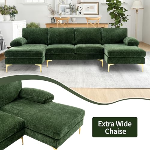 Green Chenille 4 Seater U-Shaped Sectional Couch with Double Chaises and Metal Legs N886