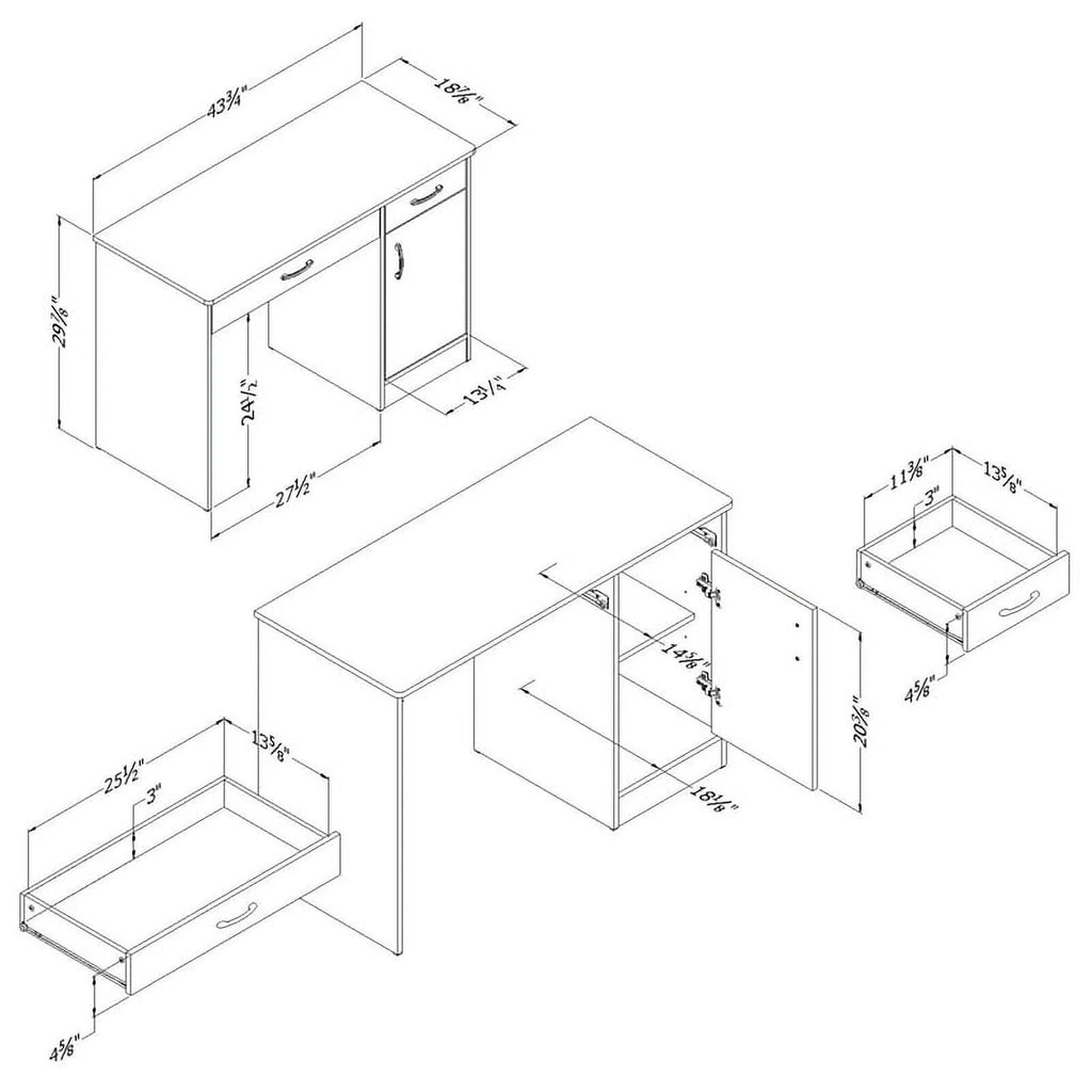 Small Desk with Drawers and 3-Shelf Bookcase Set in Pure White C3342