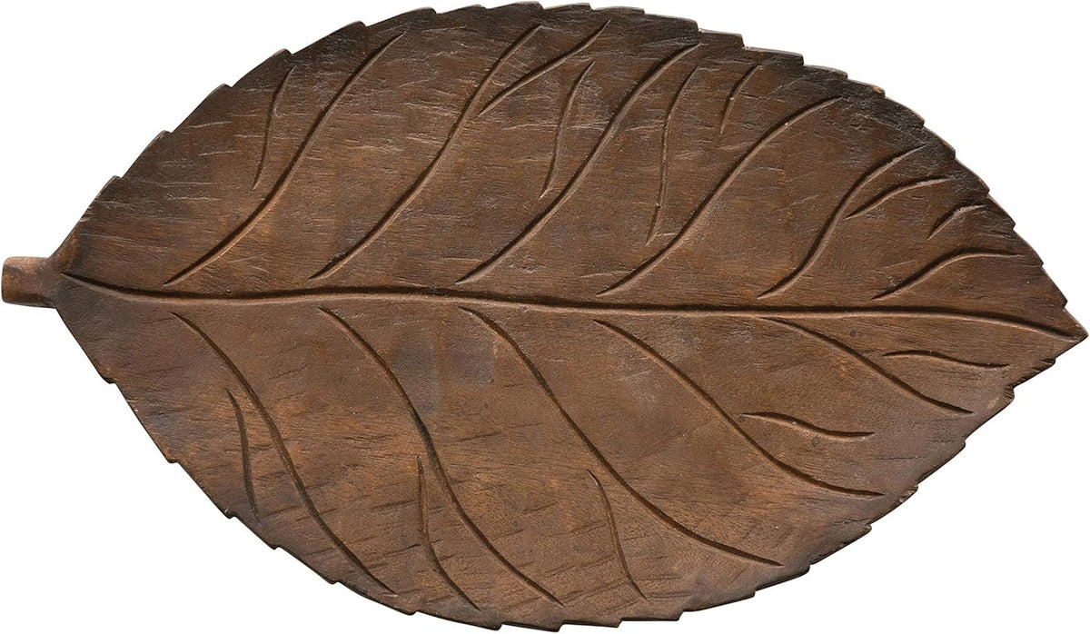Hand-Carved Mango Wood Leaf Tray, Brown Pack of 2 A2446