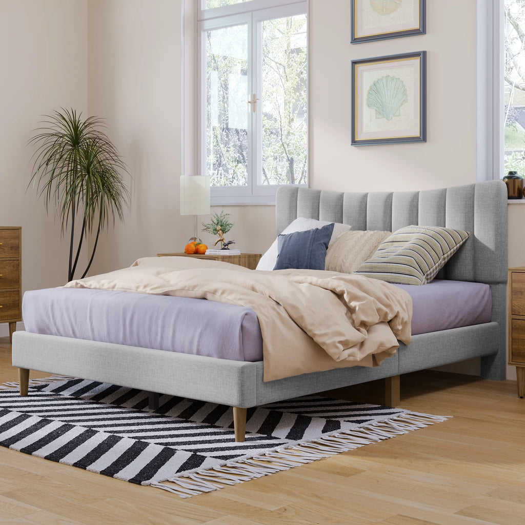 Queen Size Gray Linen Upholstered Platform Bed Frame with Tufted Headboard K480849