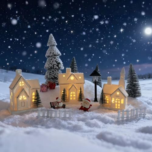 White Ceramic Christmas Village Houses 3Pcs with 4Pcs Trees LED Lighted Tabletop House Figurines E982552
