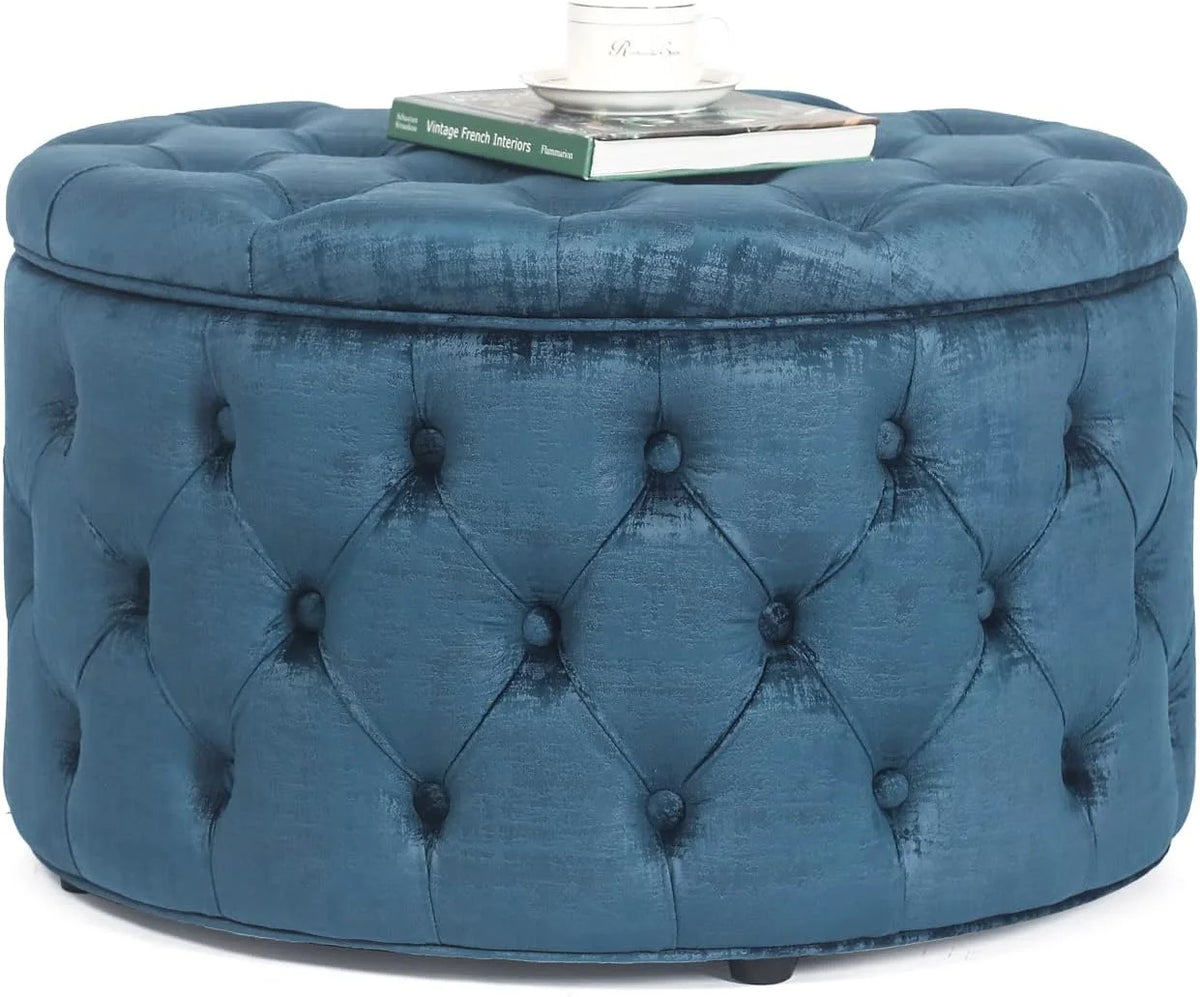 28 Inch Round Blue Velvet Storage Ottoman L15868