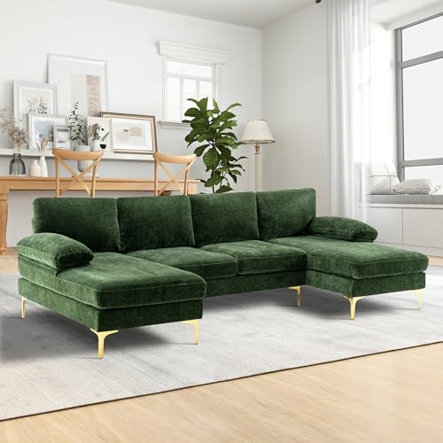 Green Chenille 4 Seater U-Shaped Sectional Couch with Double Chaises and Metal Legs N886