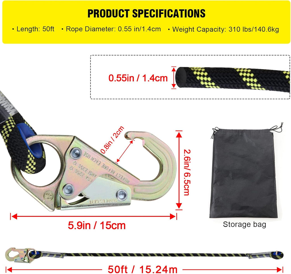 50 ft Vertical Lifeline Rope Assembly with Rope Grab Snap Hooks Y432