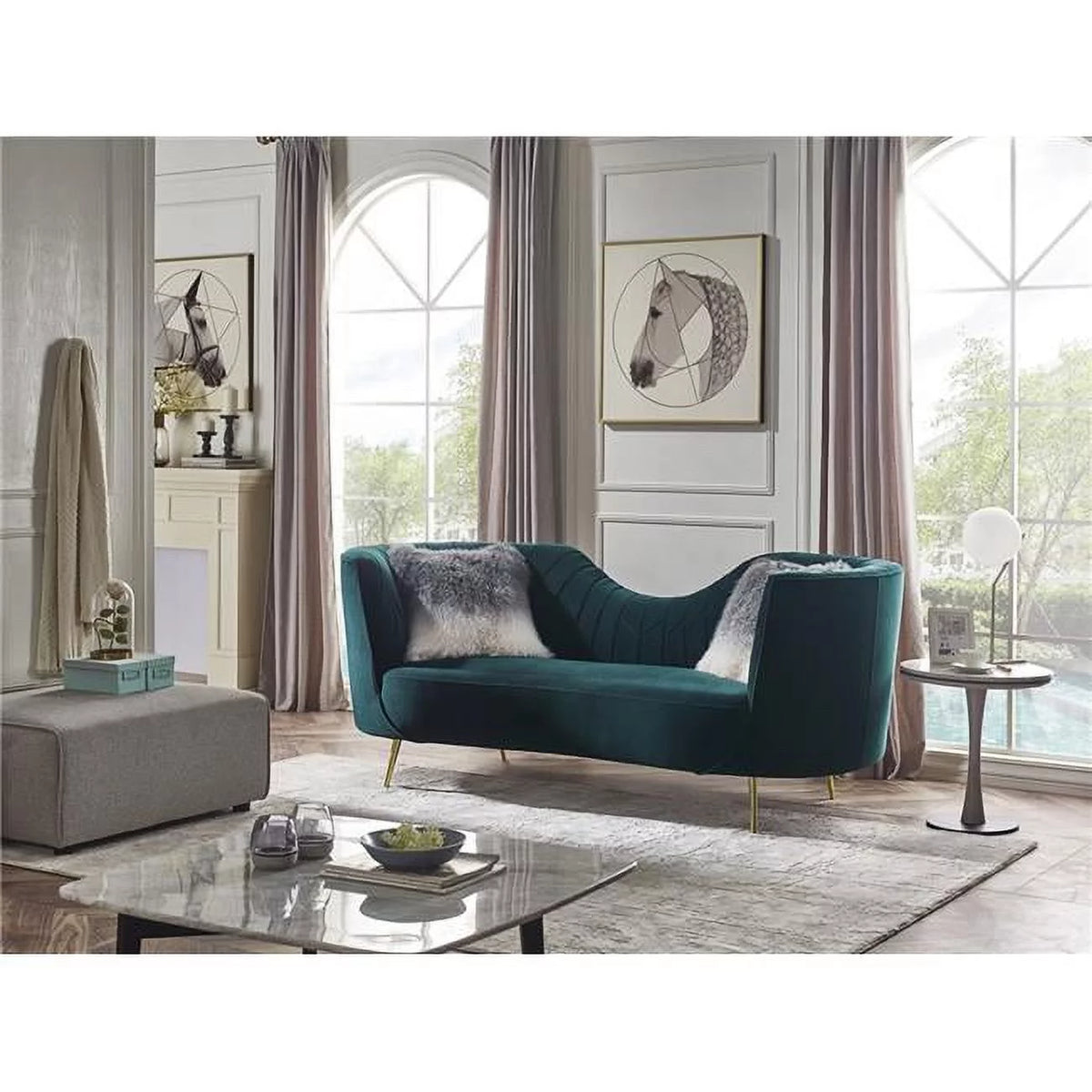 Green Curved Metal Legs Two Person Chaise Sofa I7849