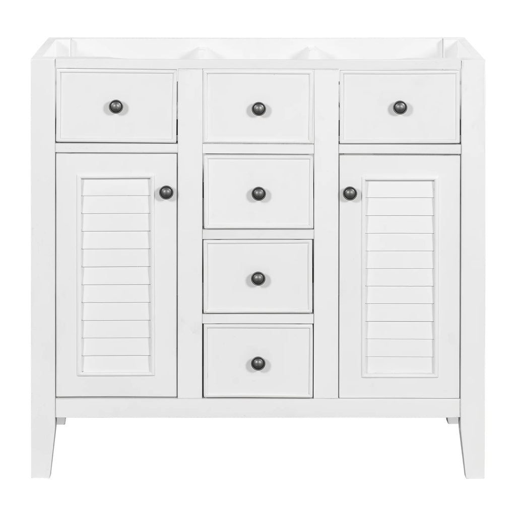 36" White Bathroom Vanity Base Only with 5 Drawers, 2 Doors, Solid Wood Frame O49837
