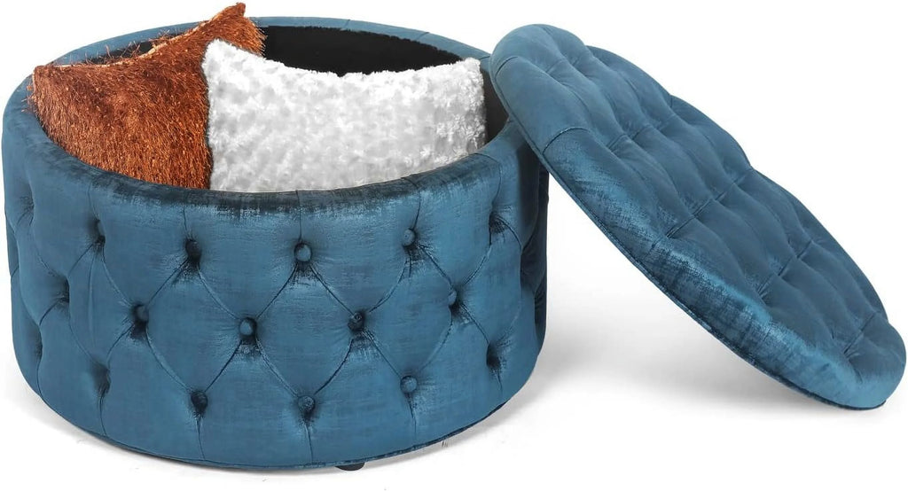 28 Inch Round Blue Velvet Storage Ottoman L15868