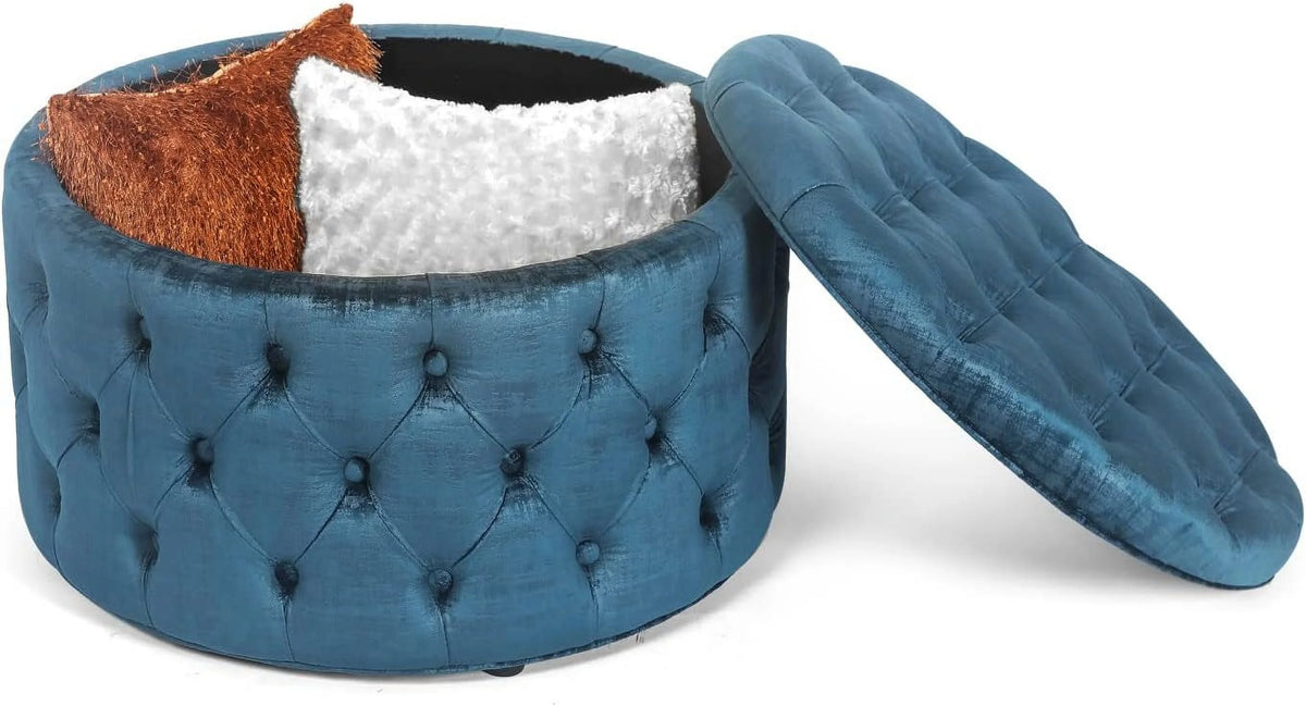 28 Inch Round Blue Velvet Storage Ottoman L15868