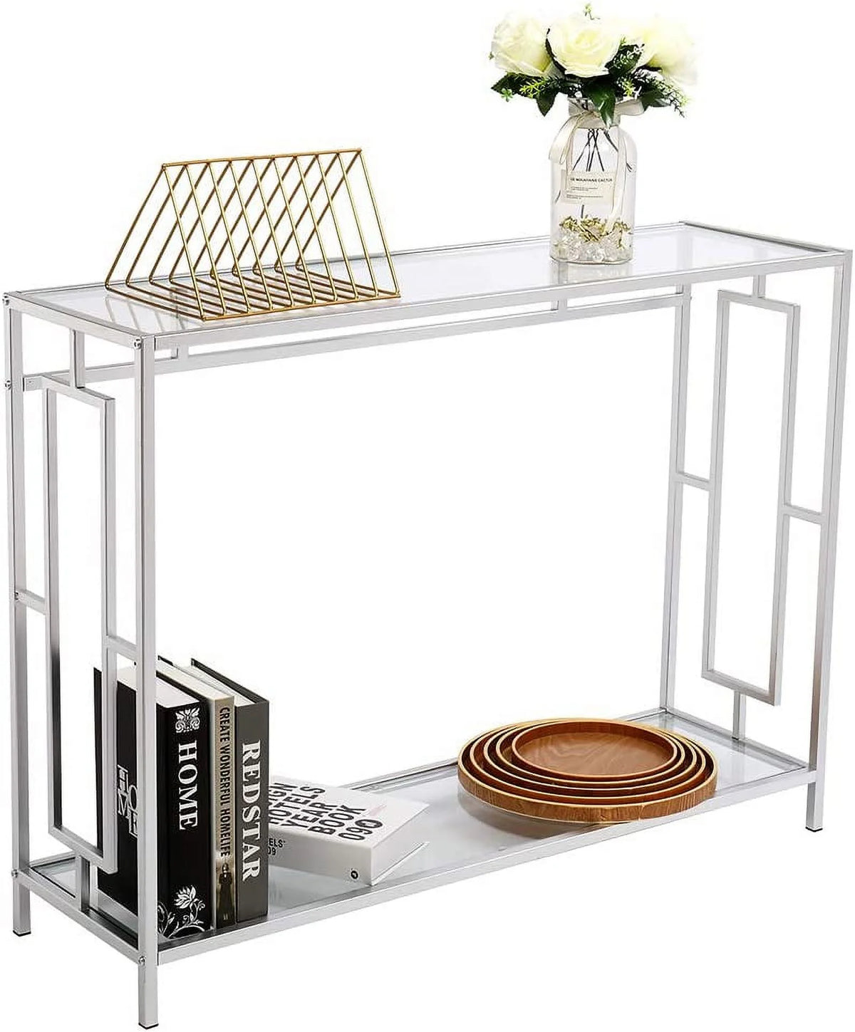 2-Tier Glass Console Table with Tempered Glass Top and Metal Frame E7670