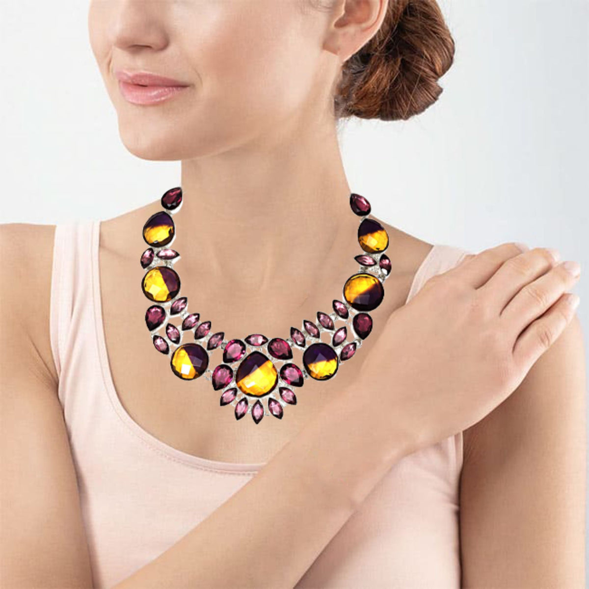 Ametrine Rubylite Faceted Gemstone Silver Necklace 18-20'' A21173