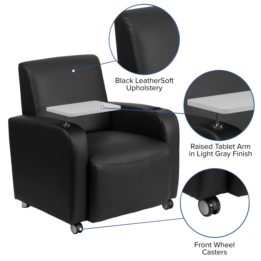 Black LeatherSoft Guest Chair with Tablet Arm and Cup Holder T6114