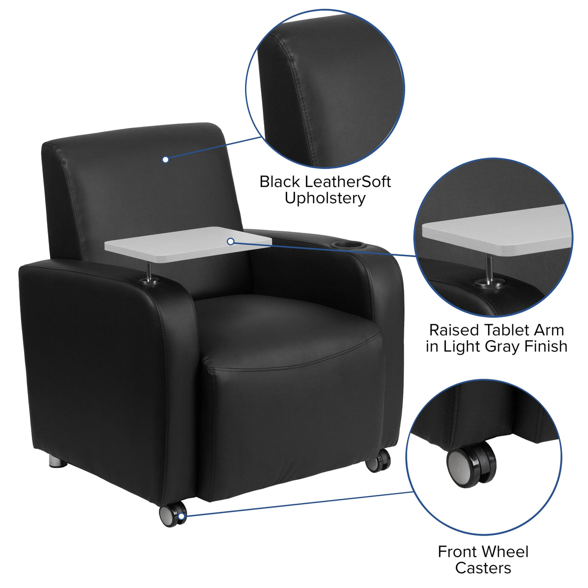 Black LeatherSoft Guest Chair with Tablet Arm and Cup Holder T6114