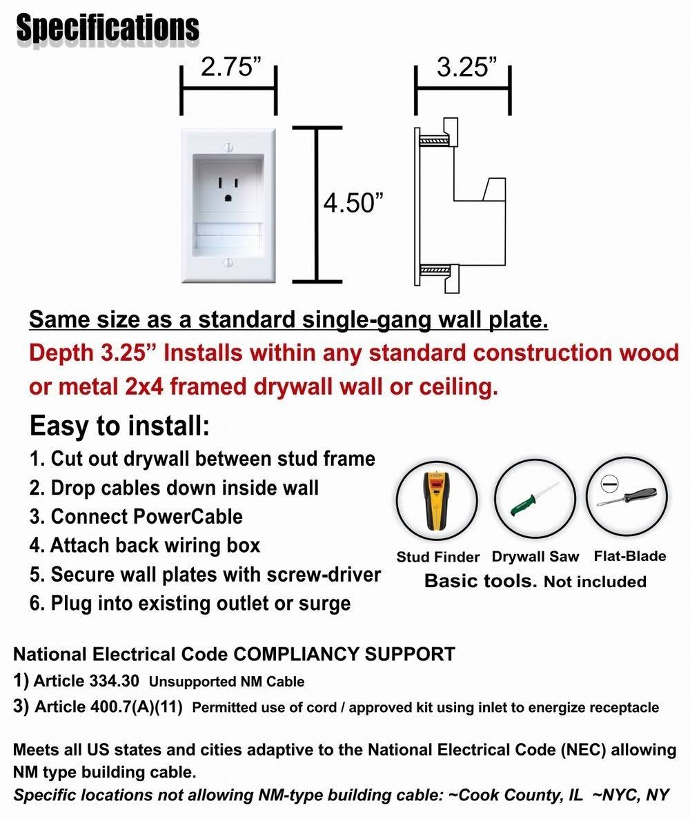 Single-Outlet Recessed In-Wall Cable Management System X44241