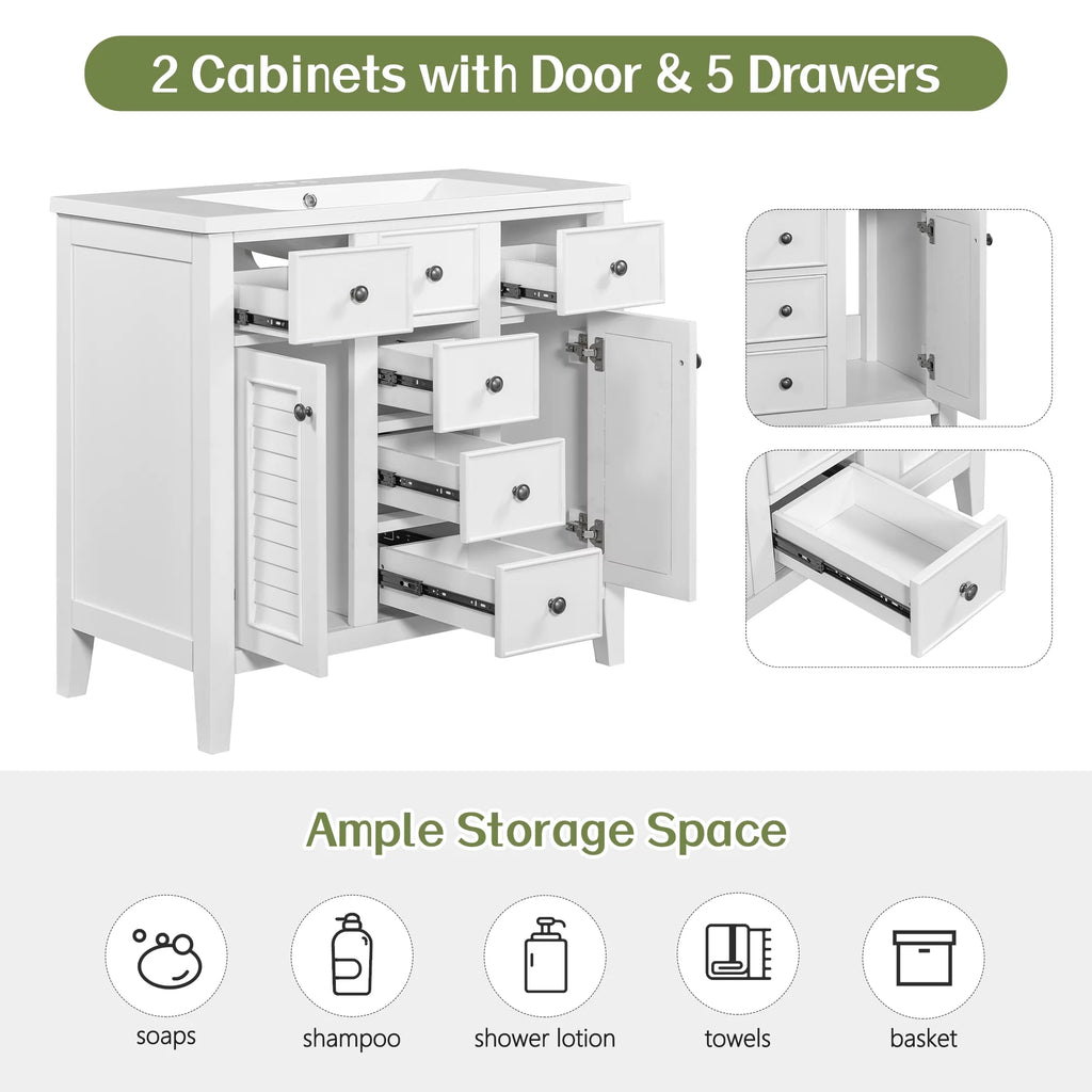 36" White Bathroom Vanity Base Only with 5 Drawers, 2 Doors, Solid Wood Frame O49837