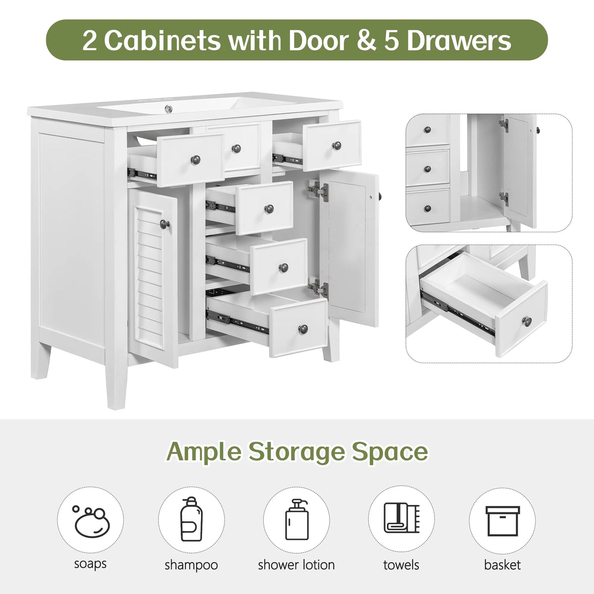 36" White Bathroom Vanity Base Only with 5 Drawers, 2 Doors, Solid Wood Frame O49837