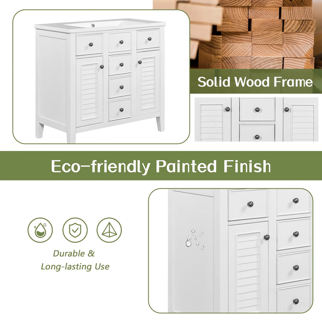 36" White Bathroom Vanity Base Only with 5 Drawers, 2 Doors, Solid Wood Frame O49837