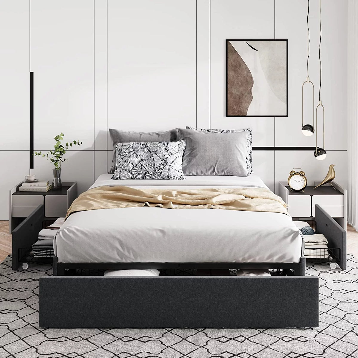 Queen Size Platform Bed Frame with 3 Storage Drawers L454