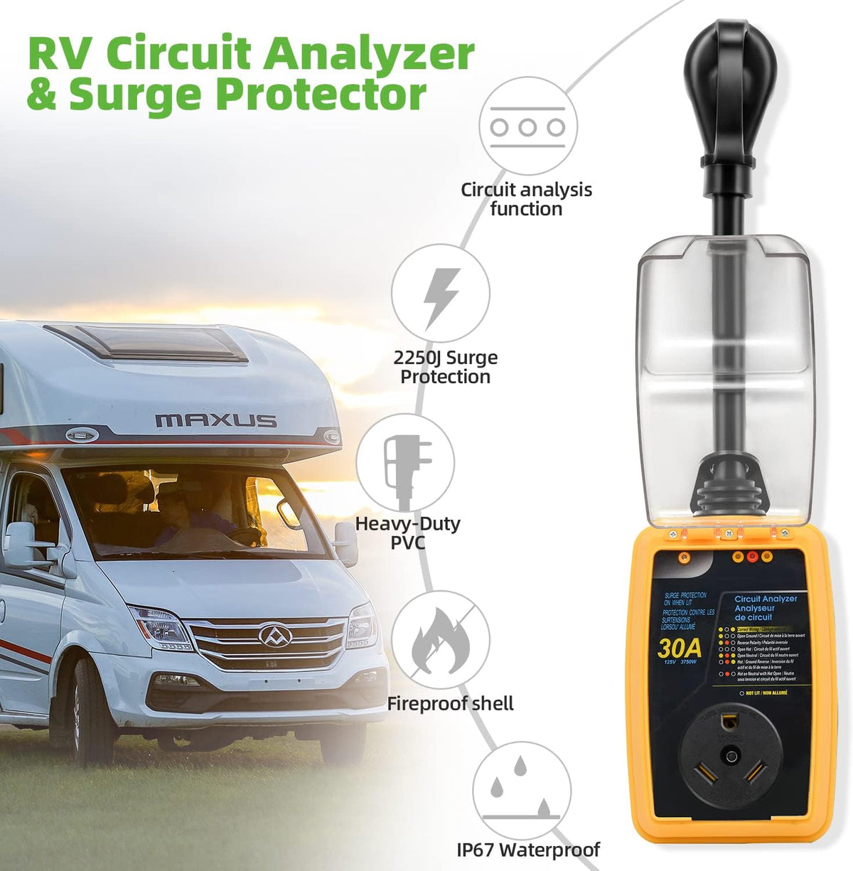 RV Surge Protector 30 Amp with Waterproof Cover, Circuit Analyzer O210