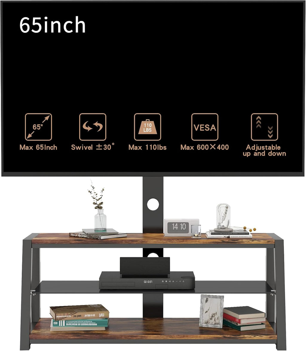 Swivel Floor TV Stand with Adjustable Tempered Wooden Shelves Y84422