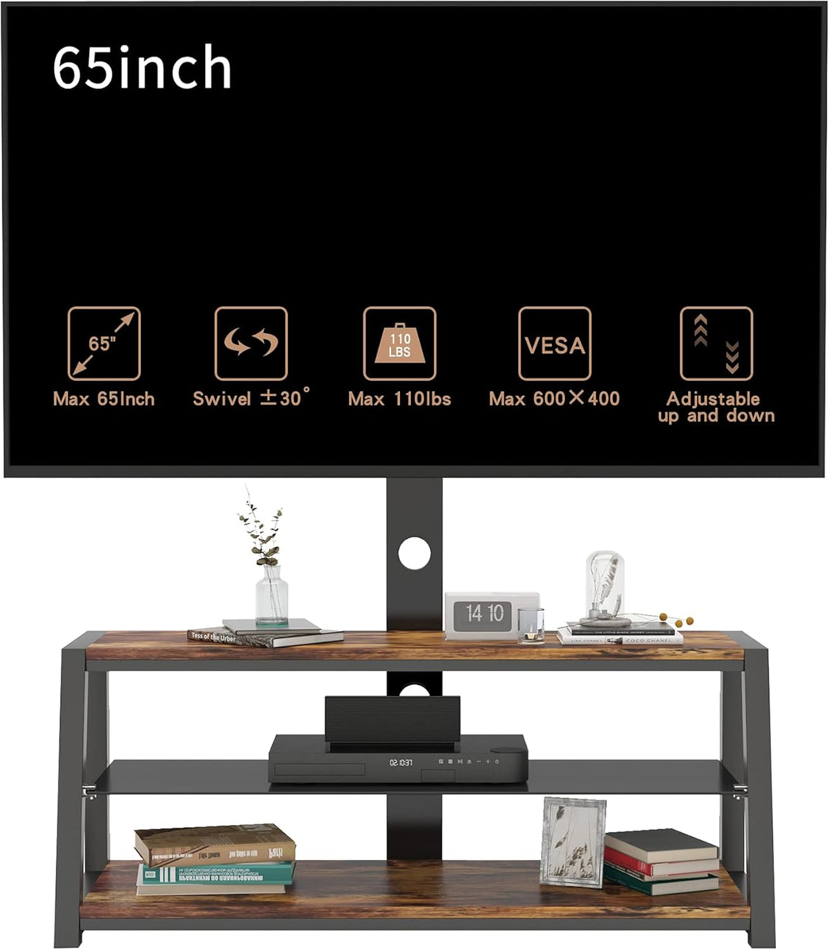 Swivel Floor TV Stand with Adjustable Tempered Wooden Shelves Y84422