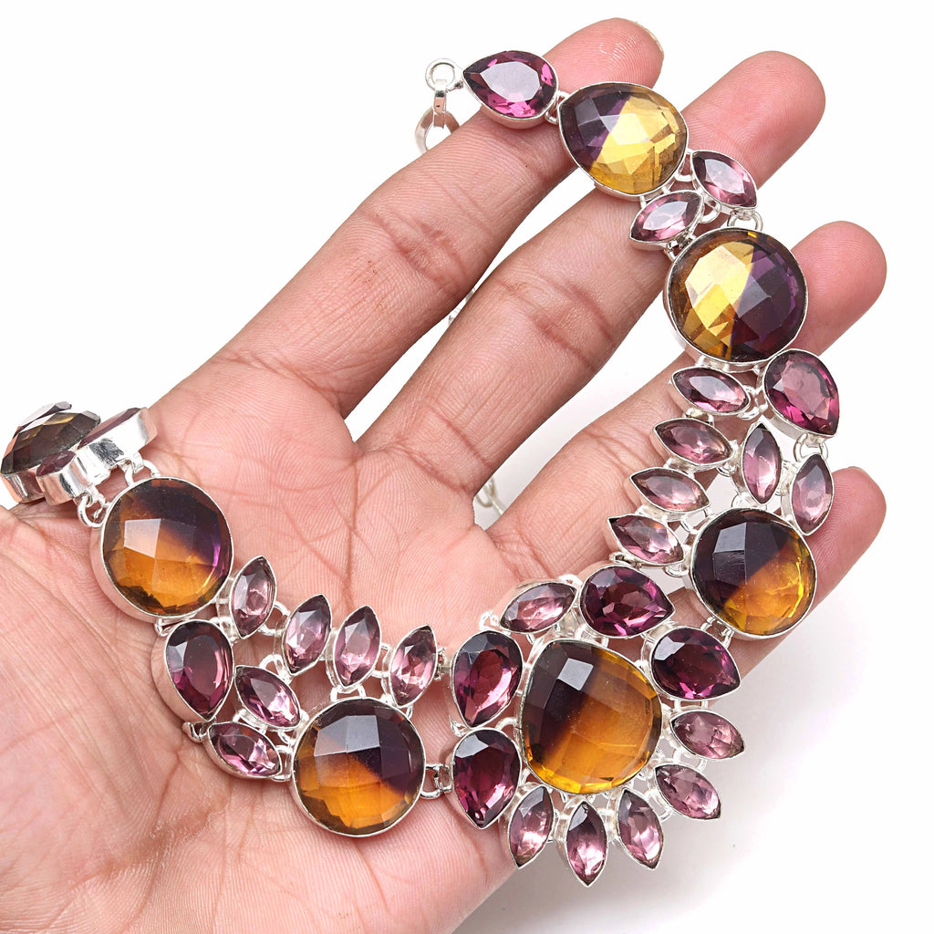 Ametrine Rubylite Faceted Gemstone Silver Necklace 18-20'' A21173