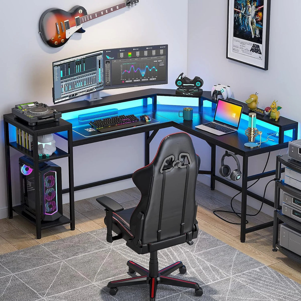 Black L-Shaped Gaming Desk with LED Strips M8459
