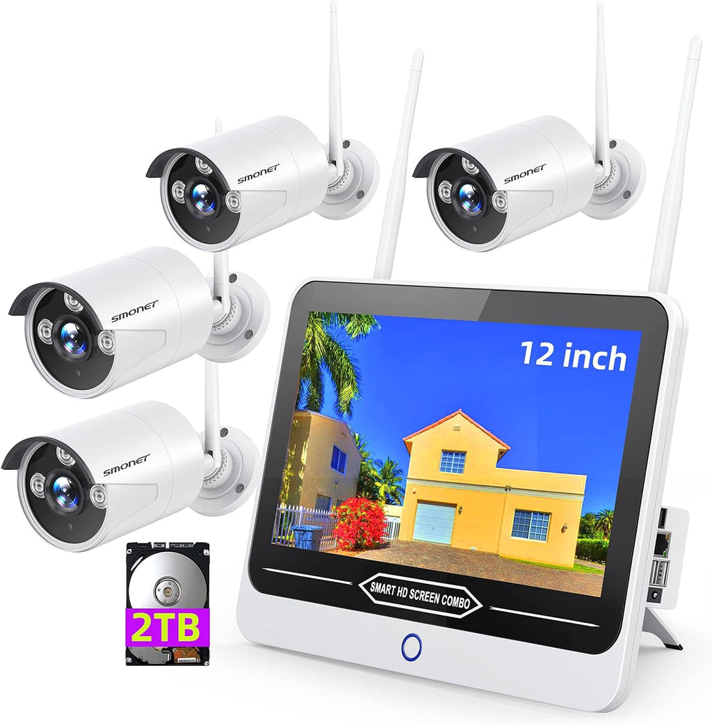 3MP Wireless Security Camera System with 12" Monitor 2TB Hard Drive, 8CH NVR Kit, 4Pcs Outdoor Indoor CCTV IP Cameras M7691