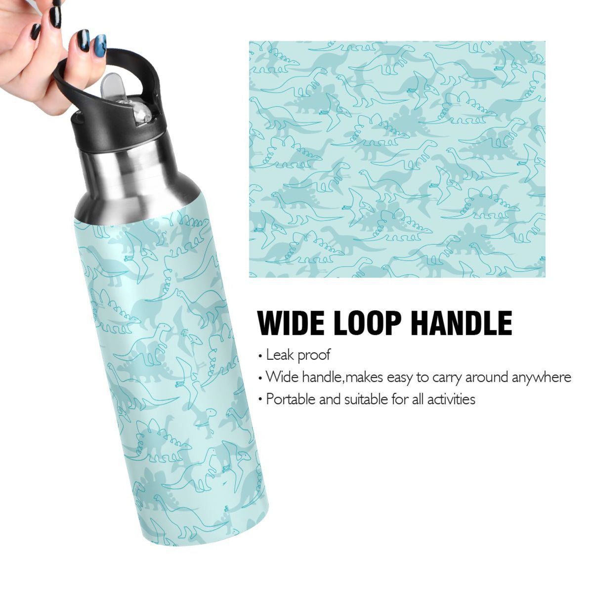 Dinosaur Green Pattern Stainless Steel Insulated Water Bottle with Straw Lid Y9263