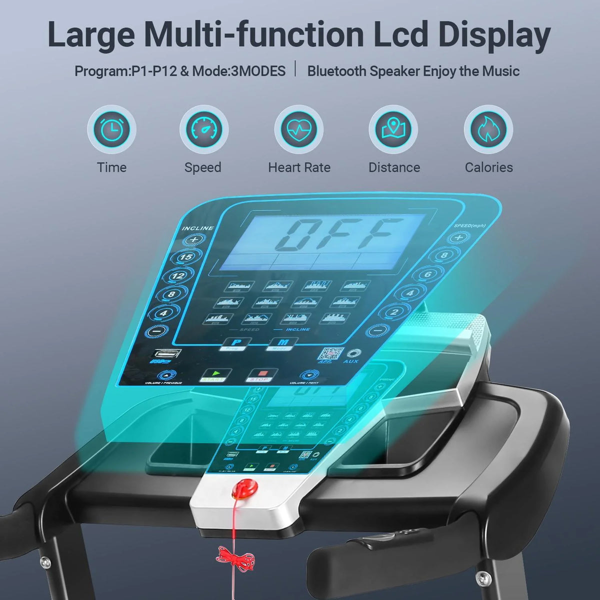 Auto Incline Treadmill with Bluetooth Speaker and LCD Display J16026