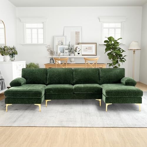 Green Chenille 4 Seater U-Shaped Sectional Couch with Double Chaises and Metal Legs N886